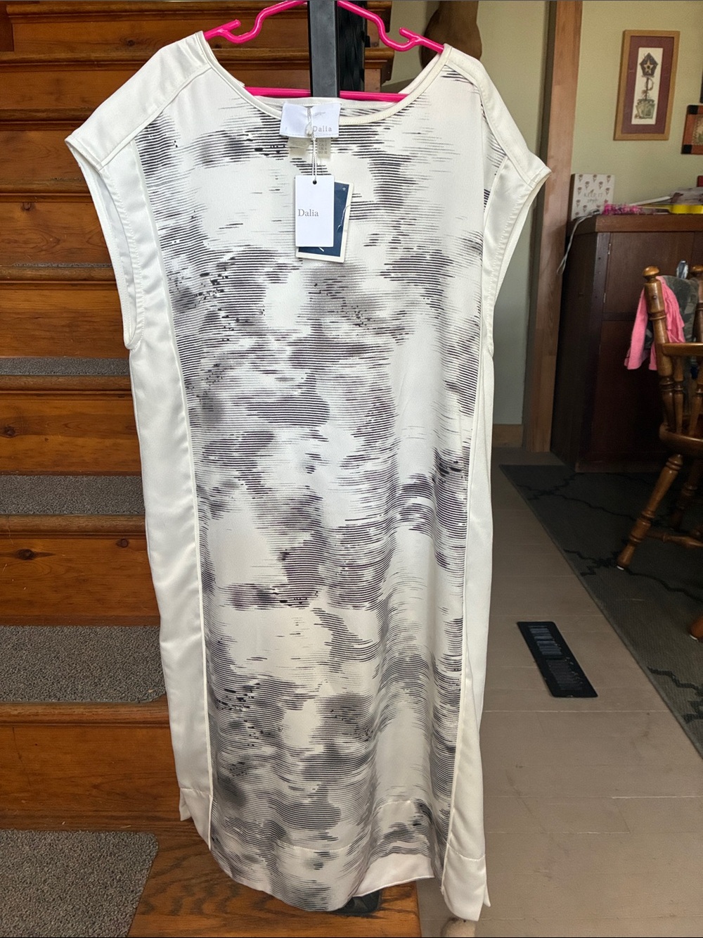 Dalia Cream and Gray Abstract-Print Midi Shift Dress
